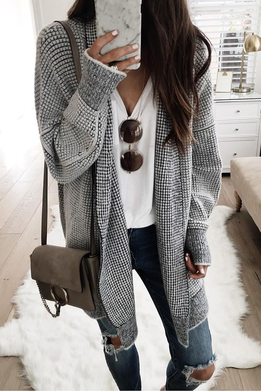 Plaid Long Sleeve Open Front Knit Cardigan